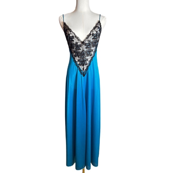 Vintage Turquoise & Black Lace Nightgown size L - Picture 1 of 4